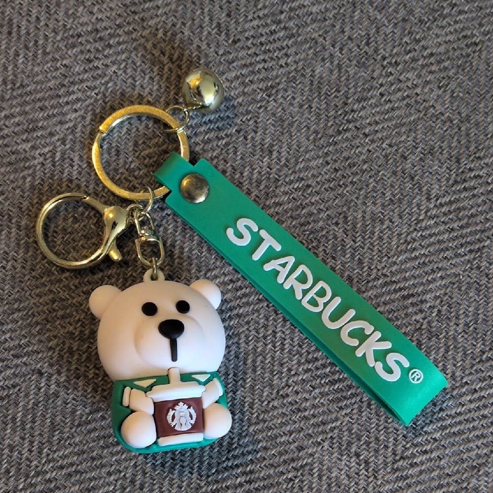 Starbucks White Bear Keychain with Green Logo Tag